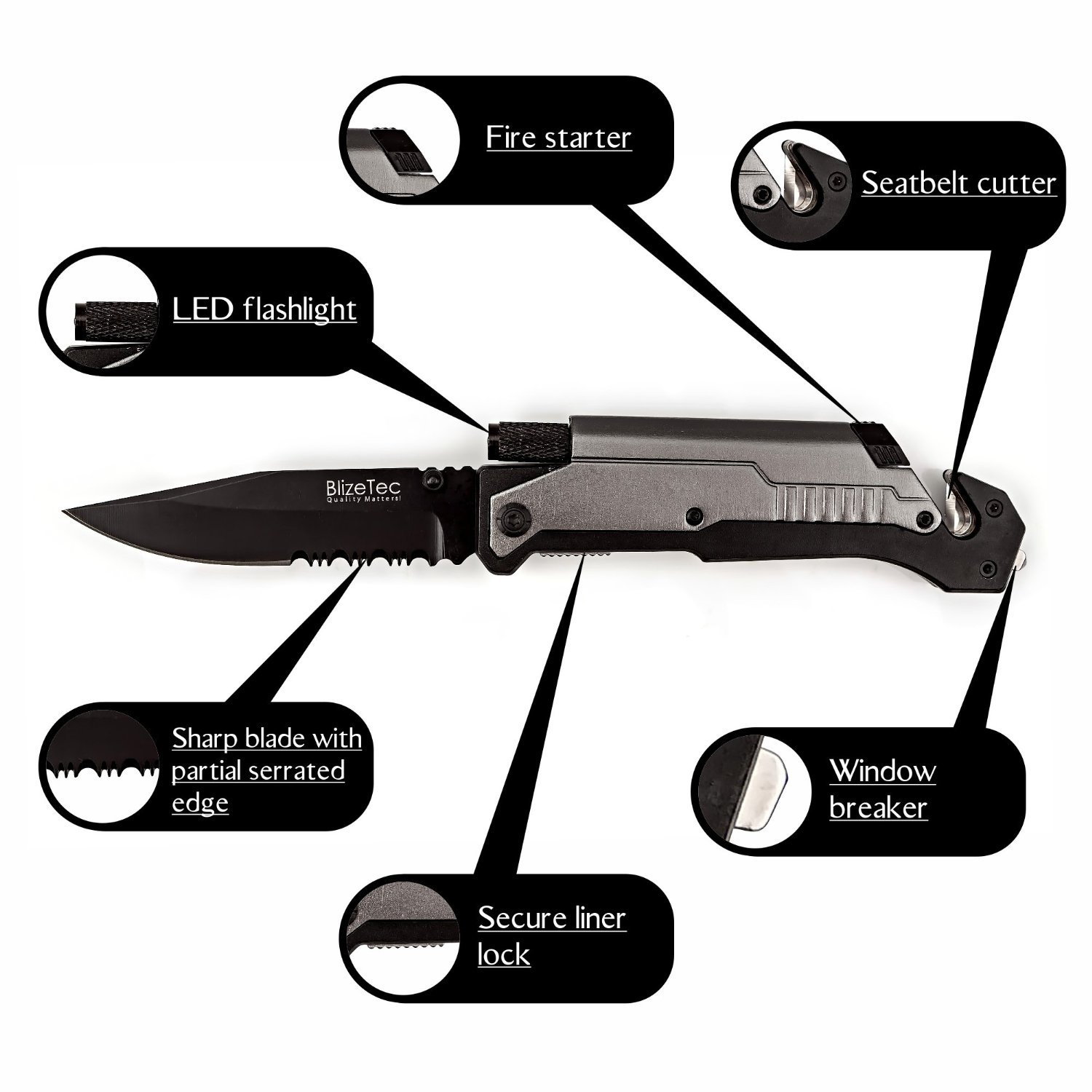 BlizeTec Survival Knife Best 5in1 Tactical Pocket Folding Knife with